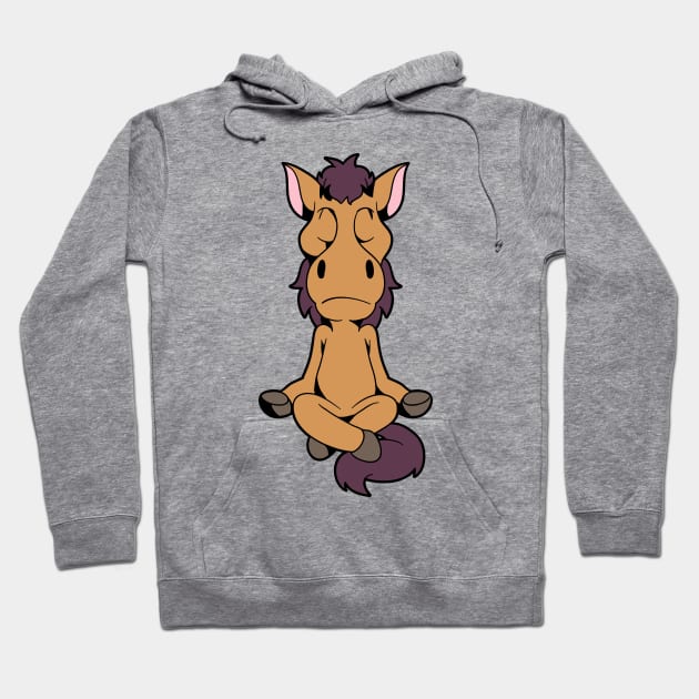 Cartoon horse meditating with yoga Hoodie by Modern Medieval Design